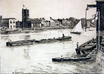 Oude Kerk van Chelsea vanuit Battersea
