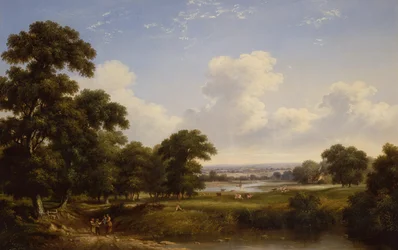 Boeren in een bebost rivierlandschap