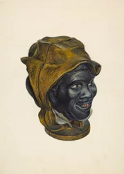 Speelgoedspaarpot: hoofd van een zwarte jongen, ca. 1939.