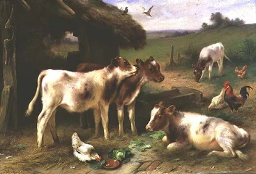 Kalfjes en Pluimvee bij een schuur in een landschap