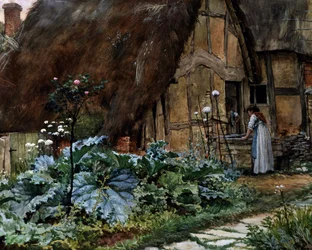 Bij het huisje. Gesprek bij het raam van een schuur. Schilderij van Well Walter Langley (1852-1922 Brits) Privécollectie