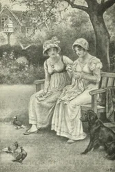 Jane Austen, naaiend, met haar zus Cassandra in de pastorie tuin