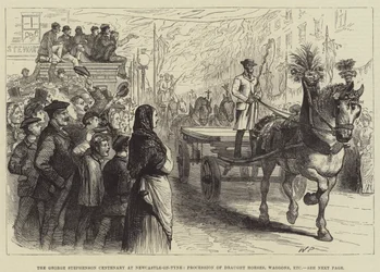 De George Stephenson-eeuwfeest in Newcastle-on-Tyne, processie van trekpaarden, wagens, enz.