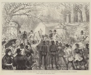 De staat van Ierland, boeren stoppen de Reloare-jacht bij de poort van de markies van Drogheda, in Kildare