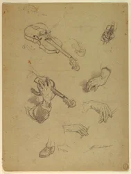 Tekening, Blad met studies van de handen van een vioolspeler, 1878