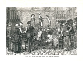 Een toneelstuk in een Elizabethaans Londens herbergplein, 1878