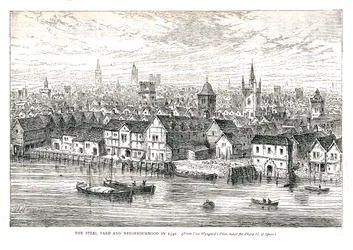 The Steel Yard Iron Wharf en Buurt in 1540. Aan de rivier, 1878