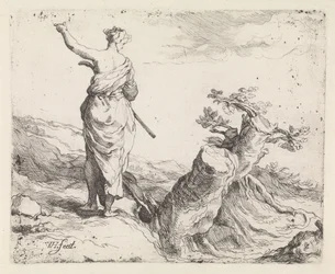 Landschap met vrouw bij een boomstronk