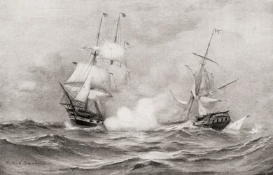Het gevecht tussen USS Constitution en HMS Guerriere, tijdens de Oorlog van 1812, ongeveer 400 mijl ten zuidoosten van Halifax, Nova Scotia, uit The History of Our Country, gepubliceerd 1905
