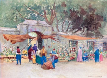Een bloemenmarkt, Scutari (kleurenlitho)