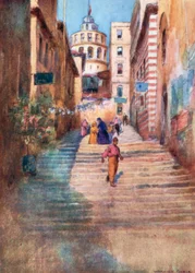 Een trappenstraat in Galata (kleurenlitho)