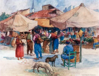 Markt in Scutari (kleurenlitho)
