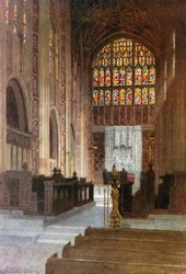 Sherborne Abbey: Koor en oostelijk raam (kleurenlitho)