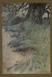 Plaat 11: "Honderden pauwen met prachtig verenkleed kwamen naar de dijken om de khai te eten", uit Folk-Tales of Bengal ... Met 32 illustraties in kleur van Warwick Goble. Luxe-editie.
