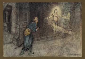 Plaat 13: "Hij zag een mooie vrouw uit het paleis komen", uit Volksverhalen van Bengalen ... Met 32 illustraties in kleur door Warwick Goble (Edition de luxe.) 1914