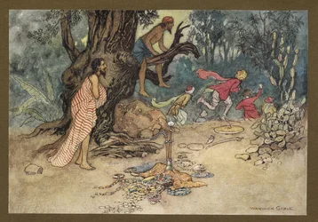 Plaat 15: "Ze renden weg in grote angst, het geld en de juwelen achterlatend", uit Volksverhalen van Bengalen ... Met 32 illustraties in kleur door Warwick Goble (Edition de luxe)