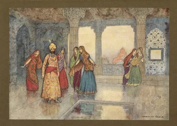 Plaat 25: "De zes koninginnen probeerden hem te troosten", uit Volksverhalen van Bengalen ... Met 32 illustraties in kleur door Warwick Goble. (Edition de luxe.) 1914 (kleur litho)