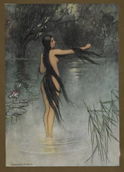 Plaat 29: "Toen ze uit het water kwam, wat een verandering was er in haar te zien!", uit Folk-Tales of Bengal ... Met 32 illustraties in kleur door Warwick Goble (Edition de luxe.). 1914