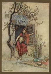 Plaat 7: "Het meisje van de muur-Amirah." Folk-Tales of Bengal ... Met 32 illustraties in kleur door Warwick Goble (Edition de luxe)