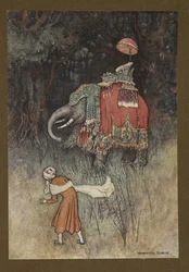 Plaat 8: "Plotseling kwam er een prachtig versierde olifant op zijn pad", uit Folk-Tales of Bengal ... Met 32 illustraties in kleur door Warwick Goble (Edition de luxe)