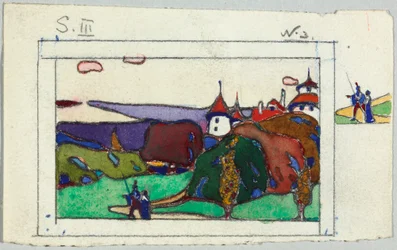 Landschap met paar in middeleeuwse dracht, verso: fragment van een geharnaste ridder