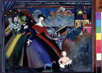 "Le navire" Jonge vrouwen aan de kade, in de verte lijkt een schip schipbreuk te lijden. Schilderij van Vassily Kandinsky