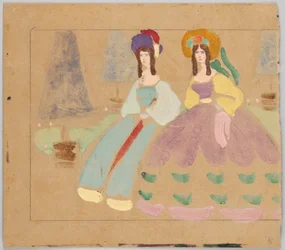 Twee dames in hoepelrokken voor gesnoeide bomen in potten (zie GMS 263) (GMS 620 is de linkerhelft)