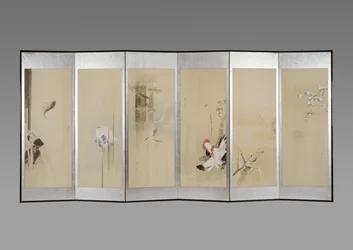 Paar vouwschermen: Bloemen van de twaalf maanden, ca. 1900 (inkt en kleur op papier)