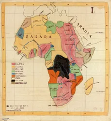 The Wells Missionary Map Co., 3612 Prairie Avenue, Chicago, copyright aangevraagd. Stoffen kaart. Pen-en-inkt, potlood, krijt en aquarel; plaatsnamen, namen in legende en coördinaten mechanisch getekend in zwarte inkt. I. Beschikbaar ook via de website van