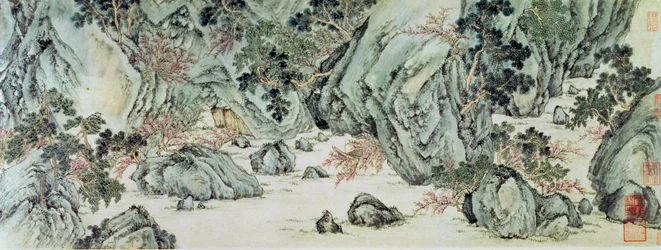 De Reis naar het "Land van de Onsterfelijken" (detail) van "De Perzikbloesembron" uit een gedicht getiteld "Tao Yuan Bi Jing" door Wang Wei