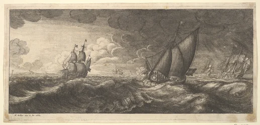 Een jacht en drie oorlogsschepen in een storm, 1665