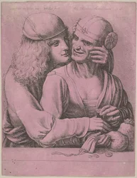 Een jonge man die een oude vrouw streelt, 1646