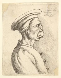Buste van een man met een platte neus en uitstekende mond, met platte pet en dichtgeknoopte jas in..., 1660