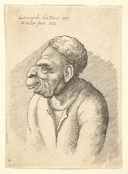 Borstbeeld van een man met haakneus, prominente bovenlip, open mond en kort krullend haar, 1665