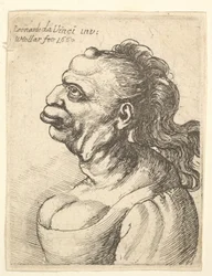 Borstbeeld van een vrouw met laag uitgesneden jurk, met uitstekende lippen, groei op haar voorhoofd, prominente..., 1660