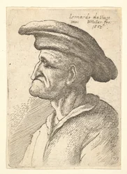 Buste van een oudere man met een neus die zijn onderlip raakt, met een brede platte pet in profiel, 1665