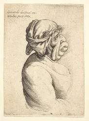 Borstbeeld van vrouw met vooruitstekende mond die een laag uitgesneden jurk en doek om haar hoofd draagt, 1660