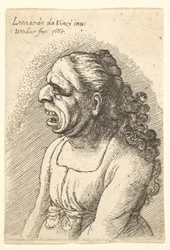 Borstbeeld van vrouw met wijd open mond en lang krullend haar over haar schouders, 1665