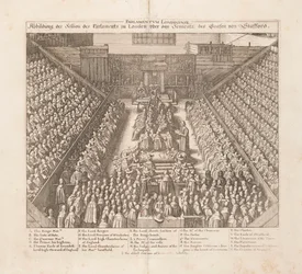 Afbeelding van de zitting van het Parlement van Londen over de veroordeling van de Graaf van Stafford, ca. 1642