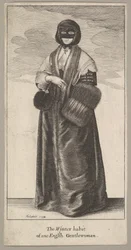 Engelse dame in winterkostuum De wintergewoonte van een Engelse dame, 1644