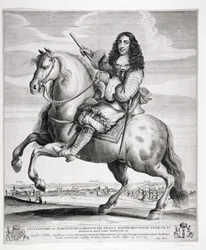 Ruiterportret van Karel II (1630-85) met een landschap, gepubliceerd ca. 1670