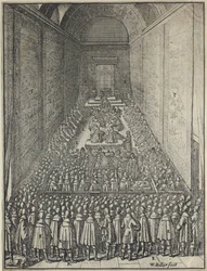 House of Lords, Palace of Westminster in Londen, ca. 1650 (ets)