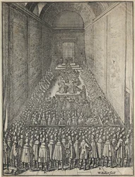 Interieur van het House of Lords in zitting, Palace of Westminster, Londen, ca. 1650
