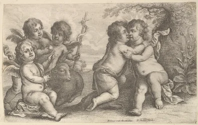 Jezus en Sint Jan omhelzen elkaar, met cherubijnen
