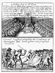 John Pym leest een brief voor in het Lagerhuis; Kolonel Thomas Lunsford en zijn soldaten vallen Londenaren aan