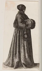 Vrouw in het zwart met een masker, muts en mof