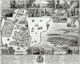Kaart van Burgeroorlog Engeland en een uitzicht op Praag, 1632