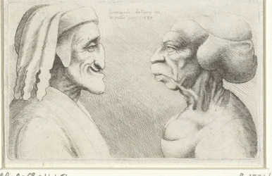 Misvormde karikatuurkoppen van een man met muts (Dante?) en vrouw