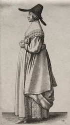 De verschillende gewoonten van Engelse vrouwen, van de adel tot de plattelandsvrouwen zoals ze in deze tijden zijn: De vrouw met een mannelijke hoed en gebloemde onderrok