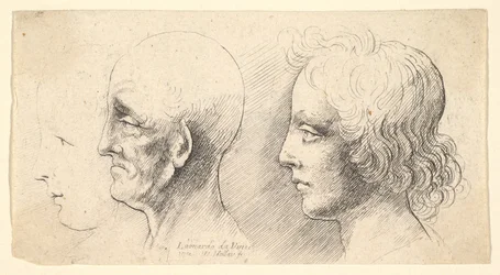 Drie profielhoofden, één alleen in omtrek, 1625-77